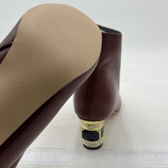 FSJ Brown Round Toe Crystal Chunky Block Low Heel Ankle Boot Side Zipper Shoes - Picture 6 of 8